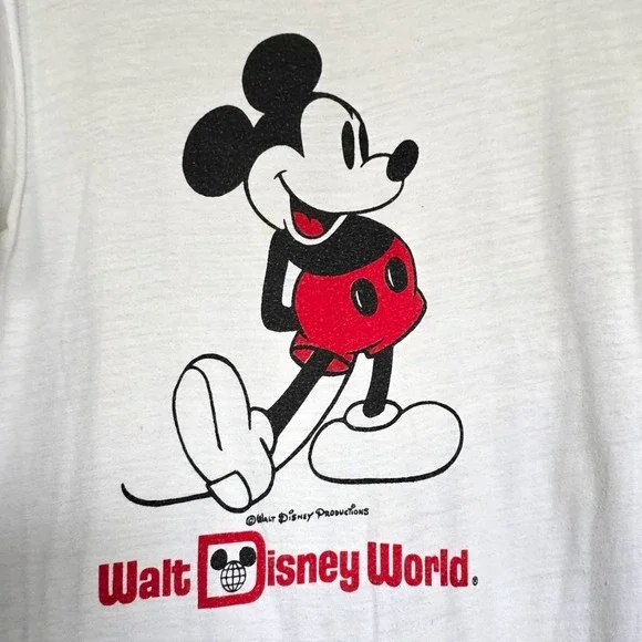 Vintage 70s Walt Disney World Ringer T-Shirt Mickey Mouse Single Stitch White...